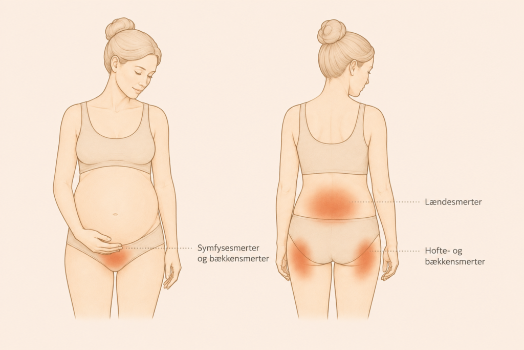 Illustration af smerter under graviditet med markering af bækken-, symfyse-, hofte- og lændesmerter.
